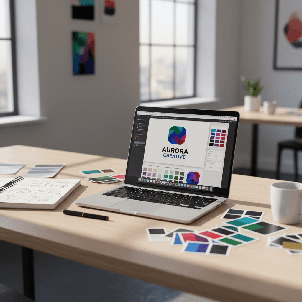 Designer working on brand strategy and visual identity at creative workspace