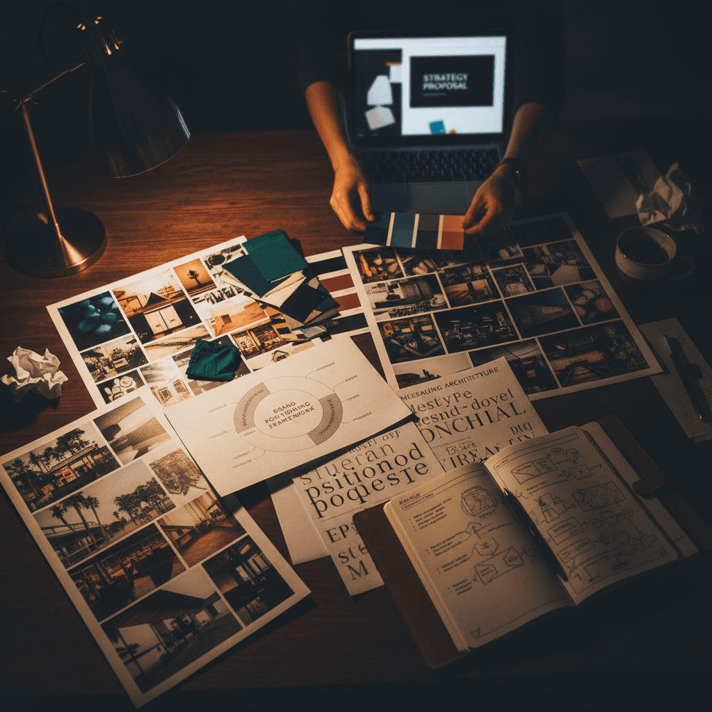 Brand strategy work with mood boards and messaging frameworks